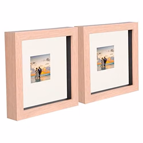 Nicola Spring Square 3D Wooden Shadow Box Photo Frame in Brown and Beige, Hanging or Standing, W/D/H: 17.5 x 17.5 x 3.5 cm – 1