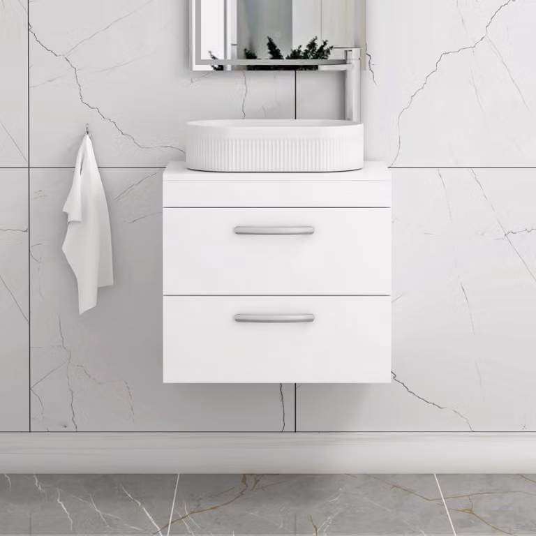 Royal Bathrooms Turin 600mm Wall Hung Vanity Unit with 2 Drawers and Countertop Basin in Gloss White
