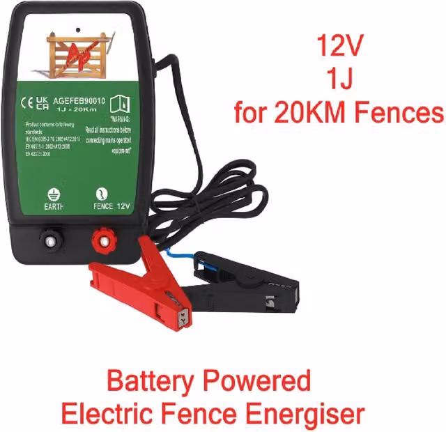 SecureFix Direct Black Battery Powered Electric Fence Energiser Charger 12V 20KM 1J