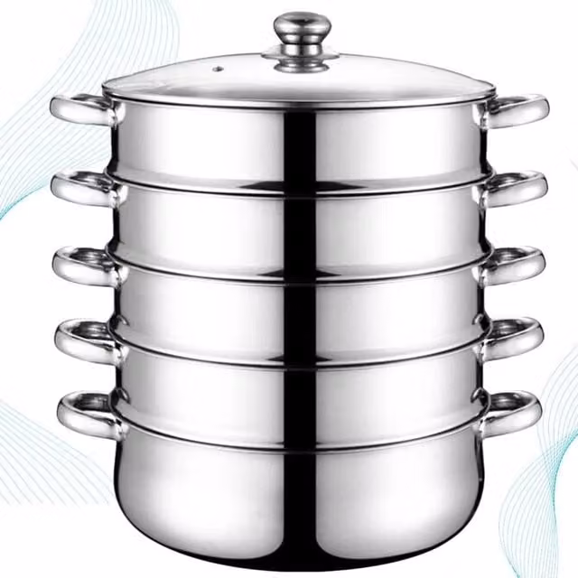 PAWNORA Pro 5 Layer Stainless Steel Steam Cooker with Glass Lid, Silver, 28 cm