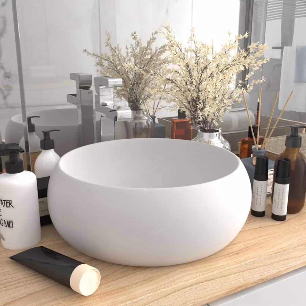 Berkfield Home Luxury Round Ceramic Wash Basin in Matt White, W: 40 cm, D: 15 cm, H: 15 cm – 2