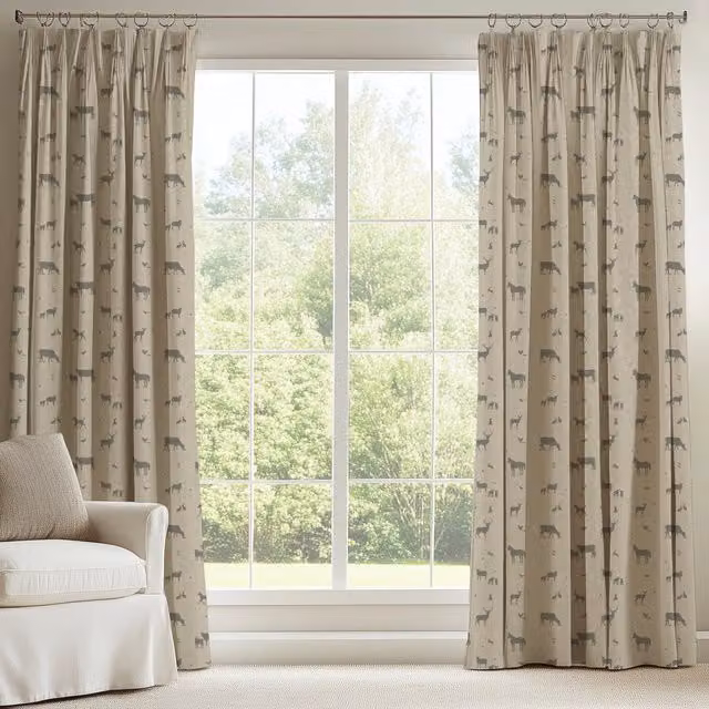 ANTE DECOR Made To Measure Country Animals Printed Blackout Cotton Curtains in Charcoal Grey