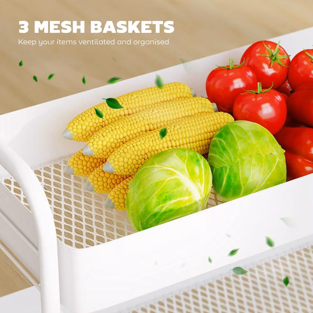STILVORA Metal Storage Trolley with 3 Baskets on Wheels in White – 3
