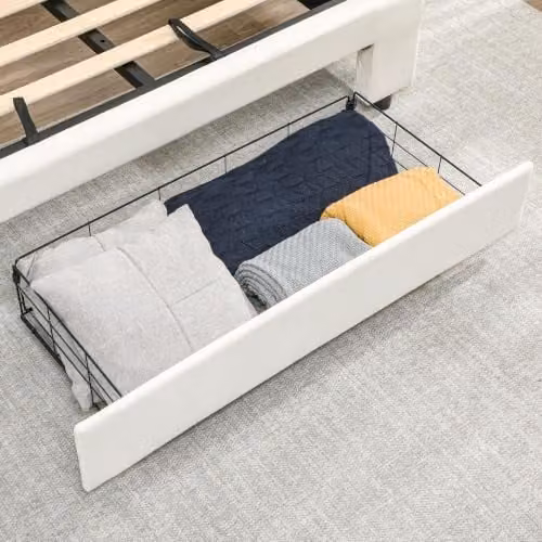 HOMCOM Upholstered Double Ottoman Bed with Lift-Up Storage in White and Beige, W: 140 cm x D: 190 cm – 5