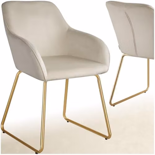 tectake Jeane Dining Chair with Velvet-Look Fabric and Gold Metal Cantilever Base in Cream – 1