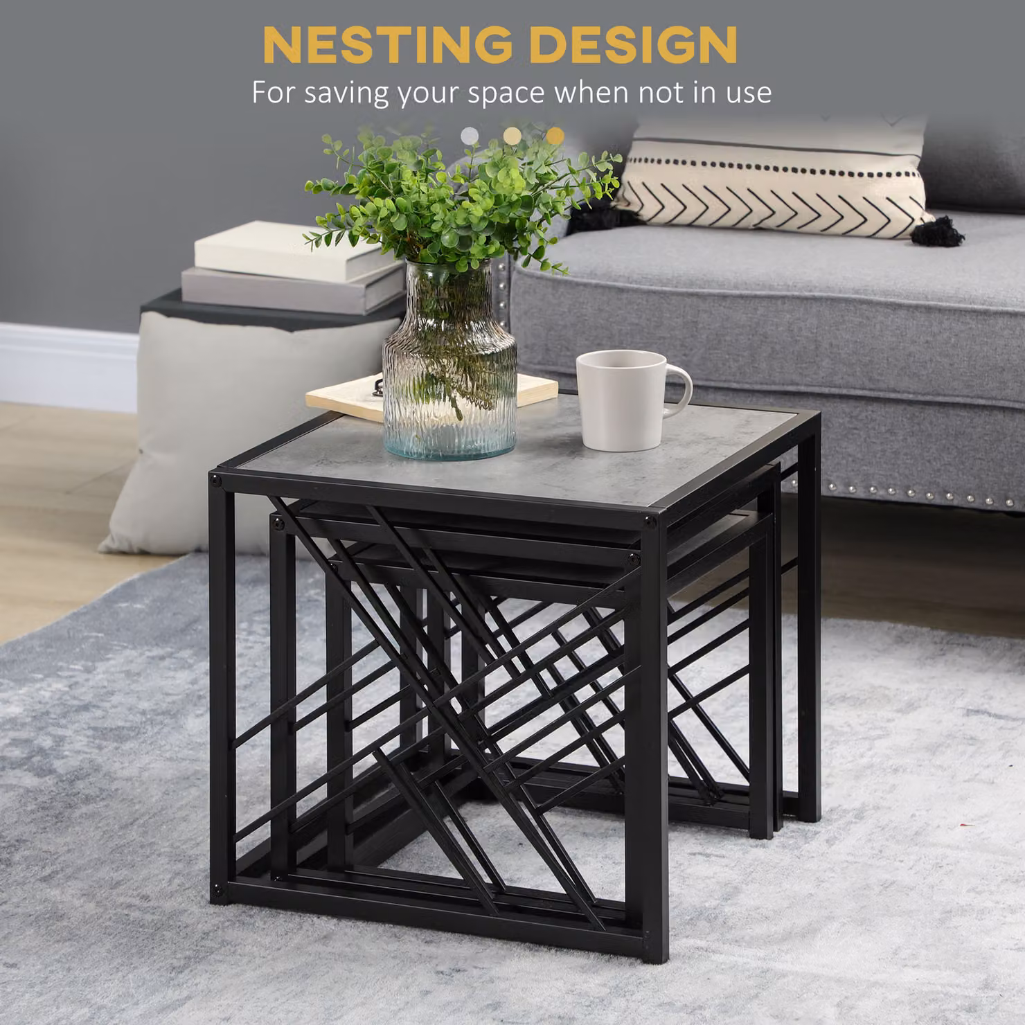 HOMCOM Set of 3 Square Nest of Tables with Black Metal Frame and Grey Composite Tops – 5