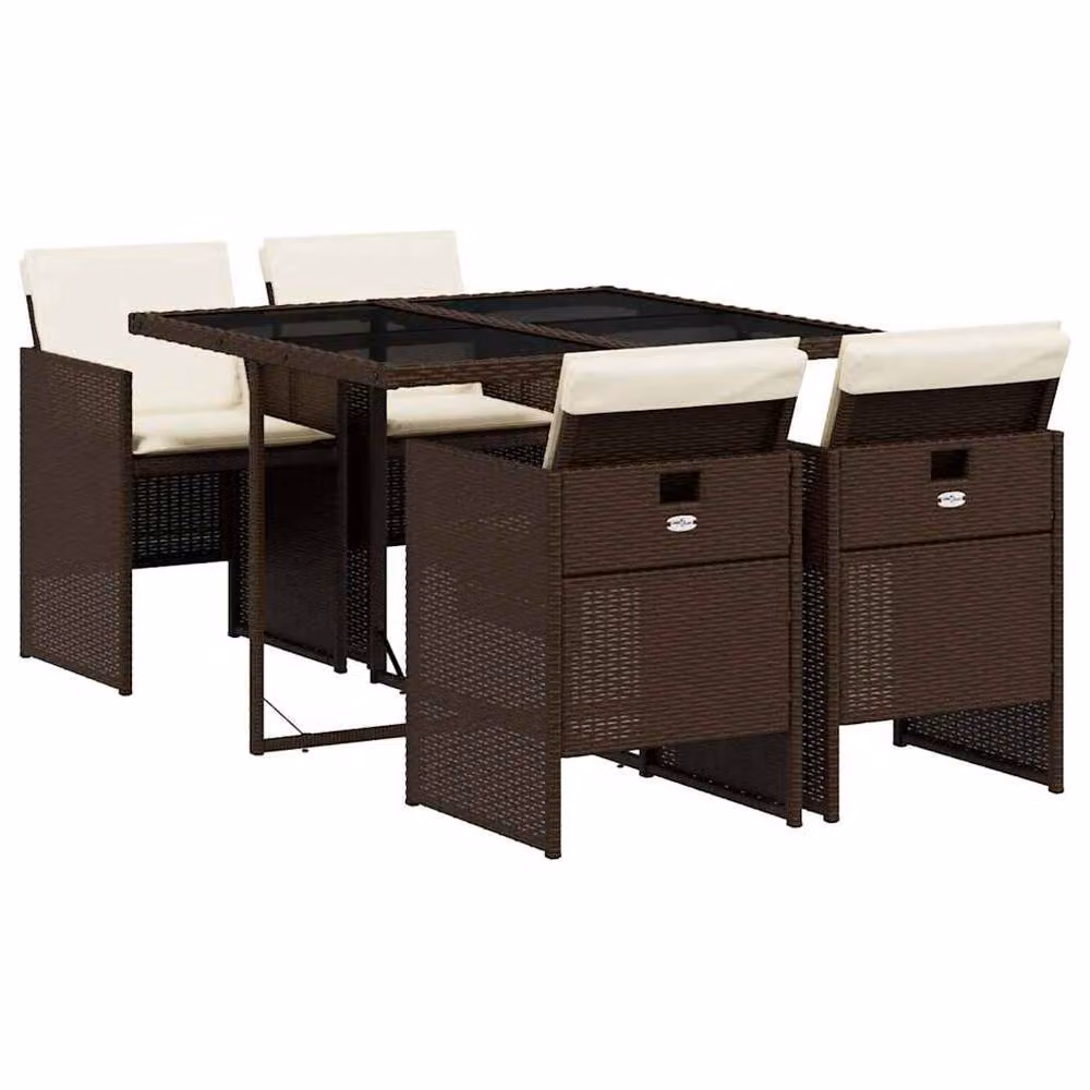 Berkfield Home 5 Piece Brown Poly Rattan Garden Dining Set with Cushions and Glass Top – 2