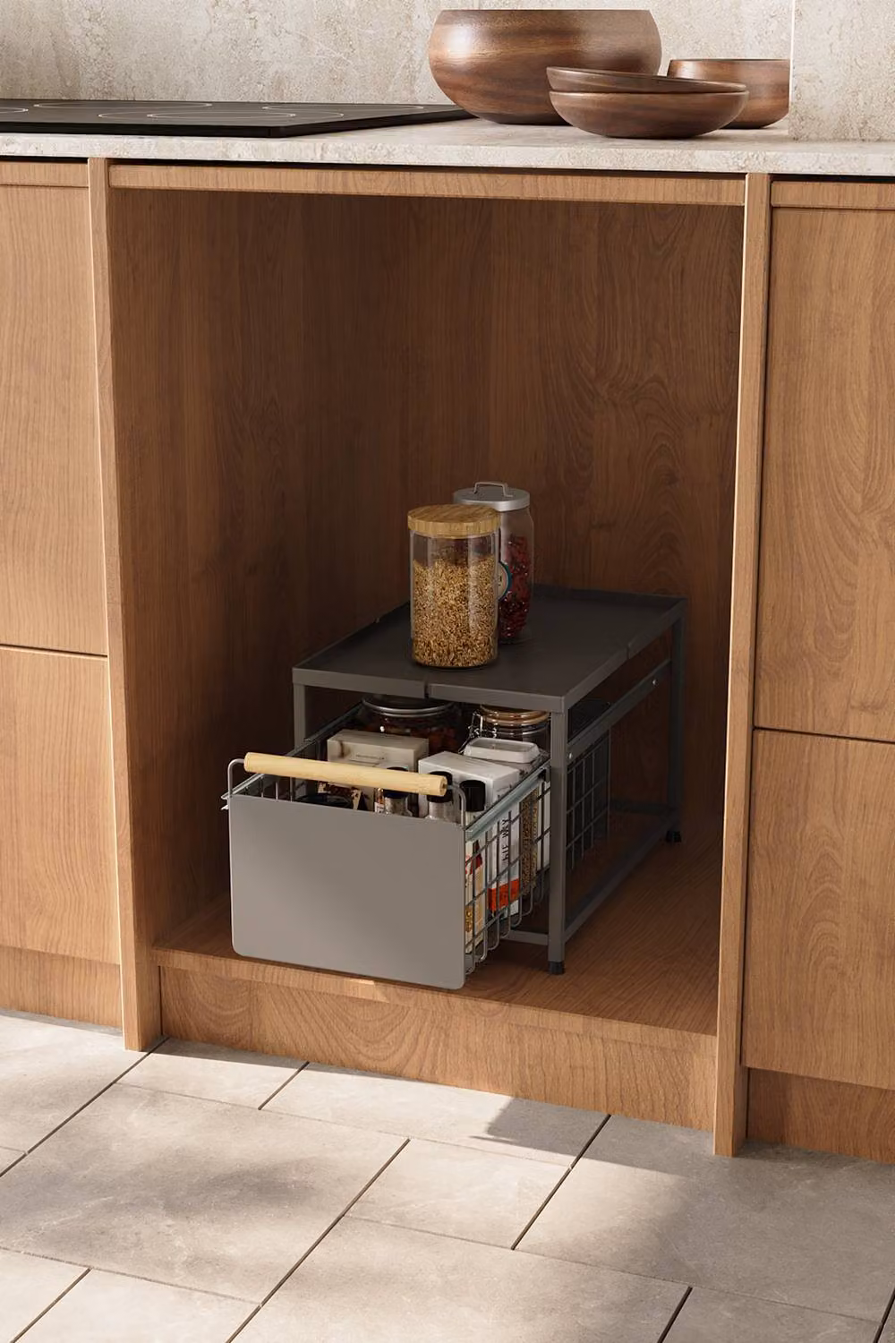 Living and Home 2-tier Metal Kitchen Pull-Out Storage Drawer Basket Organiser and Spice Rack in Grey – 3