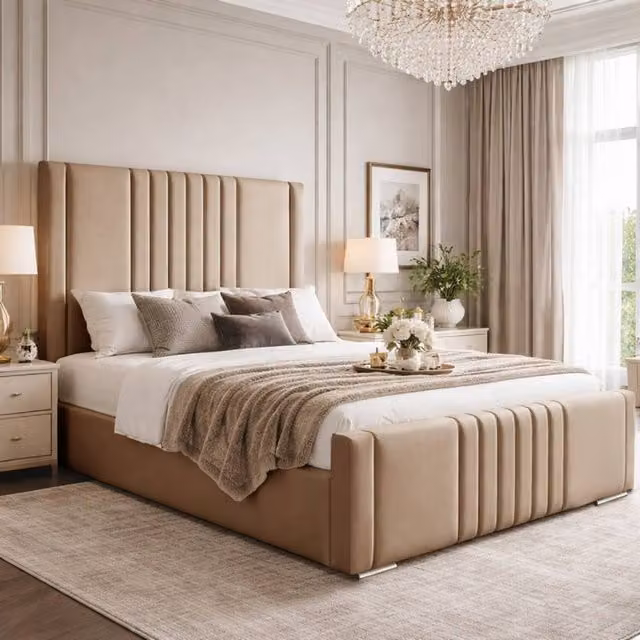 Desire Deco Haisley Upholstered Plush Velvet Panel Bed Frame in Beige, Double (140 x 200 cm)
