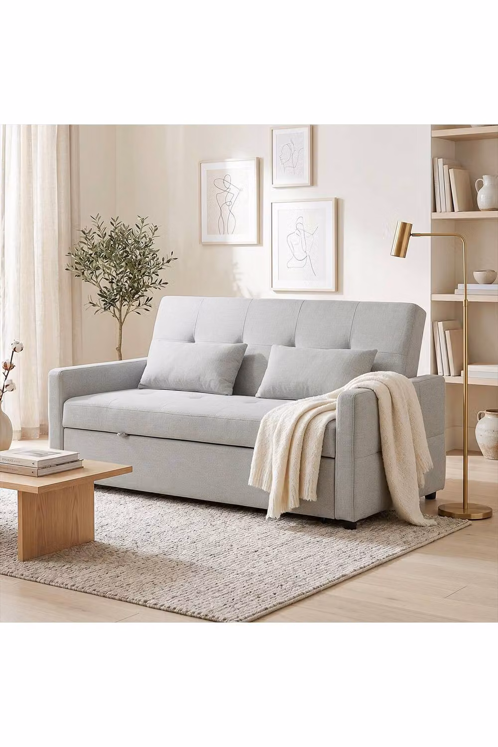 ERGOVEXA Three-Way Two-Seater Click-Clack Sofa Bed in Grey Fabric with Foam Upholstery and Scatter Cushions – 2