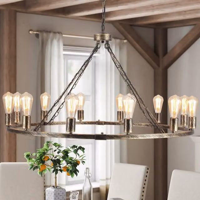 Garwarm 12-Light Vintage Metal Wagon Wheel Chandelier in Bronze