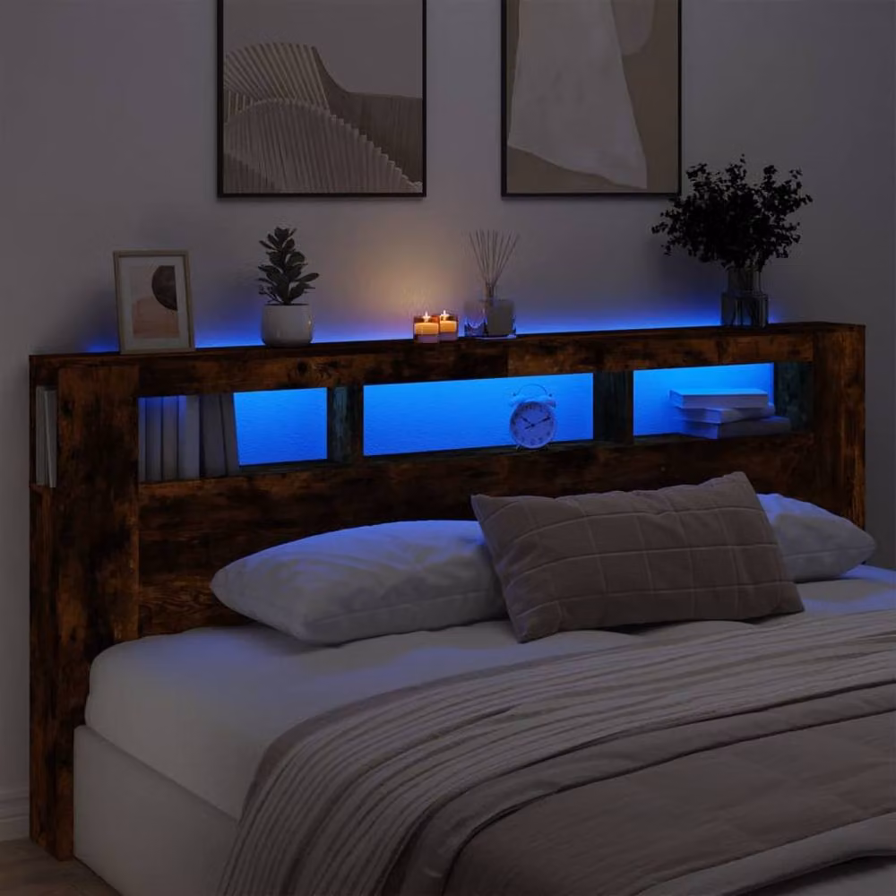 Berkfield Home LED Headboard in Smoked Oak Brown with Integrated Shelf and USB Charging Port, W/D/H: 220 x 18.5 x 103.5 cm – 2