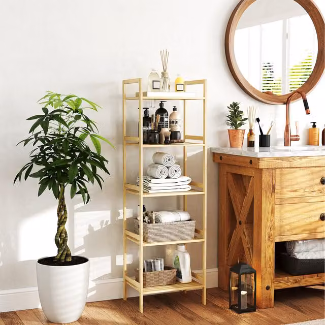 HOMCOM 4 Tier Bamboo Bathroom Storage Shelf with Adjustable Shelves, Natural/Beige, Height: 142 cm