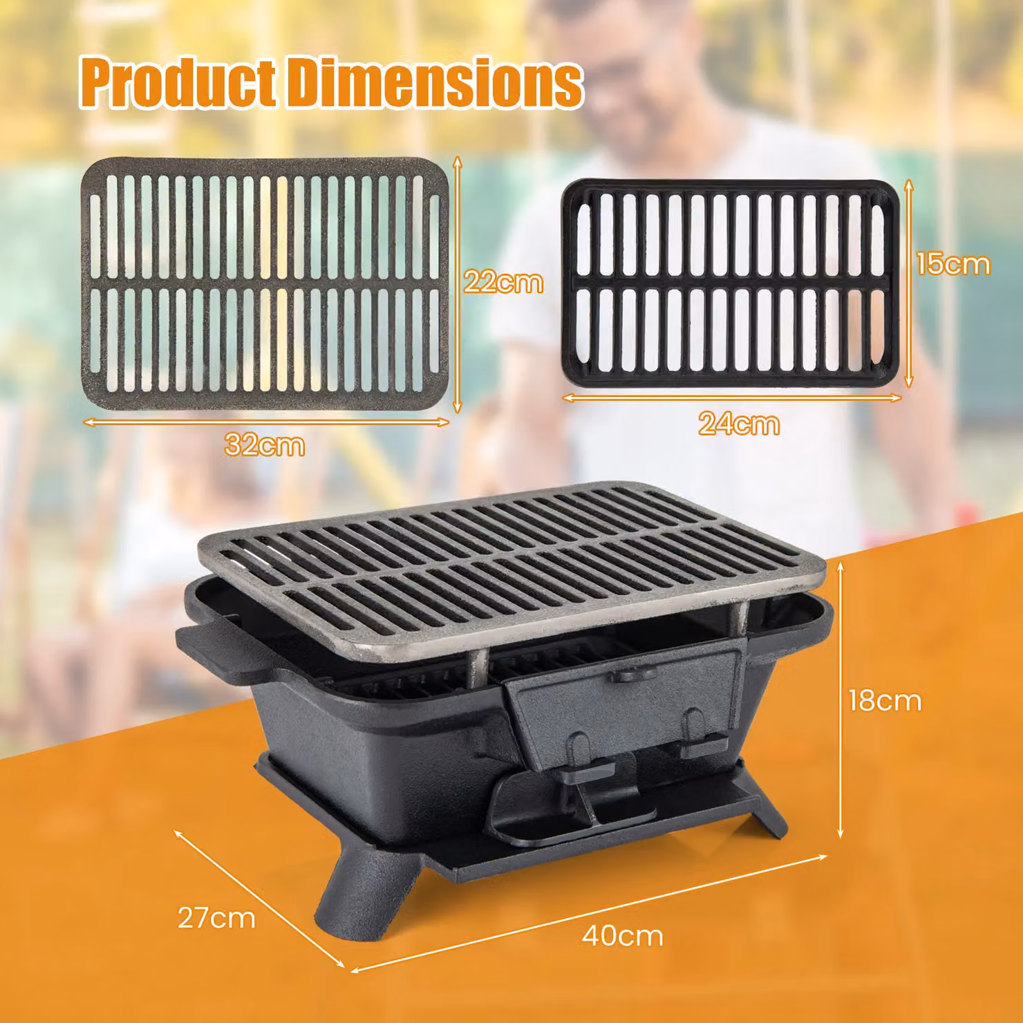 Gymax Portable Cast Iron Charcoal Hibachi Tabletop Grill, Black, W/D/H: 40 x 27 x 18 cm – 2