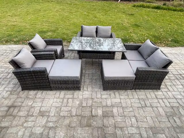Fimous 8 Seater High Back Rattan Garden Furniture Set with Dining Table, Armchairs and 2 Large Footstools in Dark Grey Mixed
