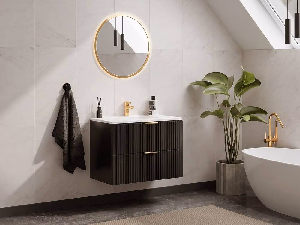 Vente-unique Ribbed Suspended Bathroom Unit with Built-In Washbasin, Black, W: 80 cm, D: 46 cm, H: 57 cm – 2