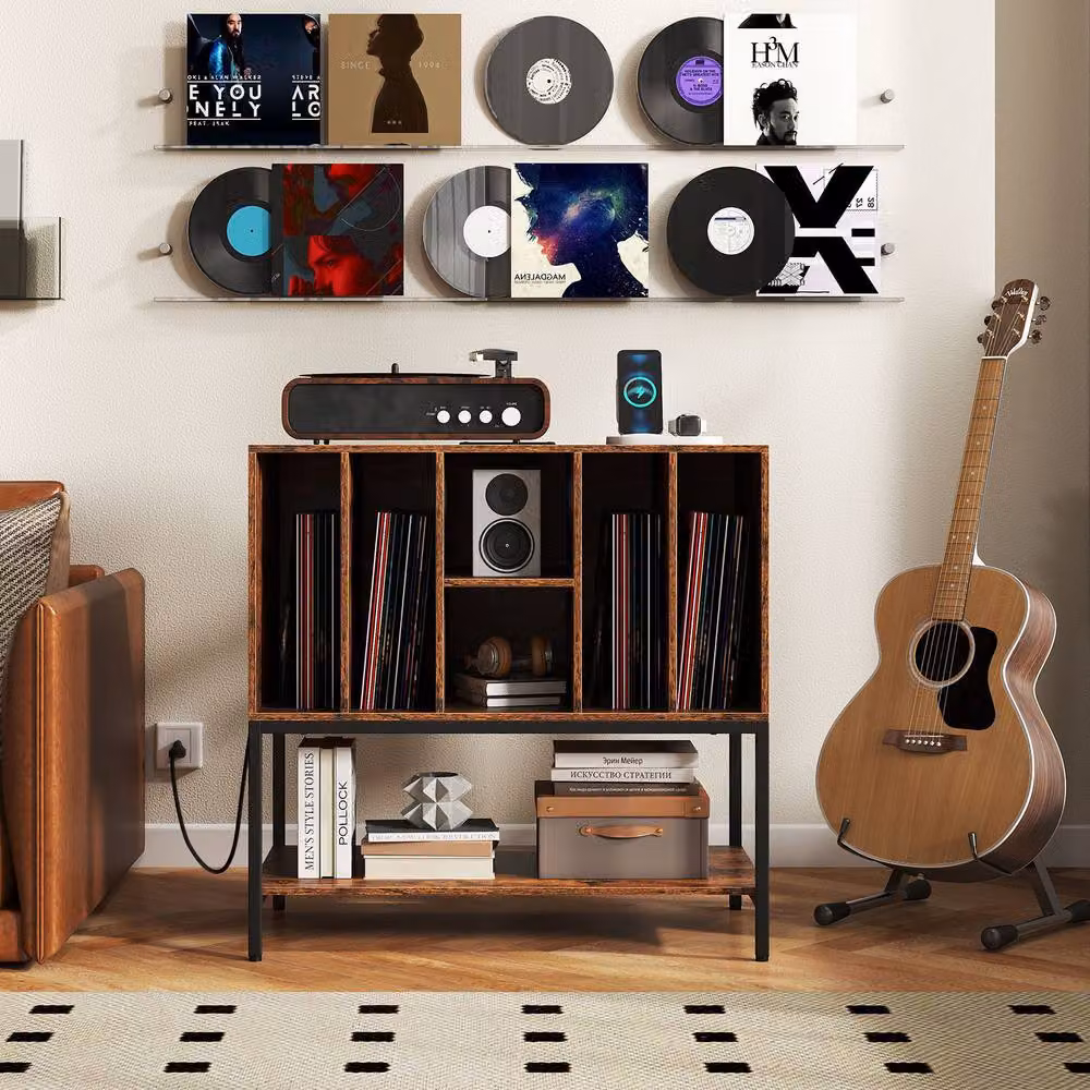 Costway Industrial Record Player Stand and Turntable Table with Charging Station in Brown – 5