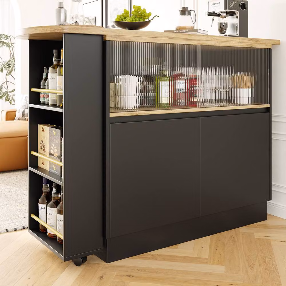 Rolipo Modern Black Dining Bar Cabinet with Glass Doors and 360 Swivelling Castors – 8