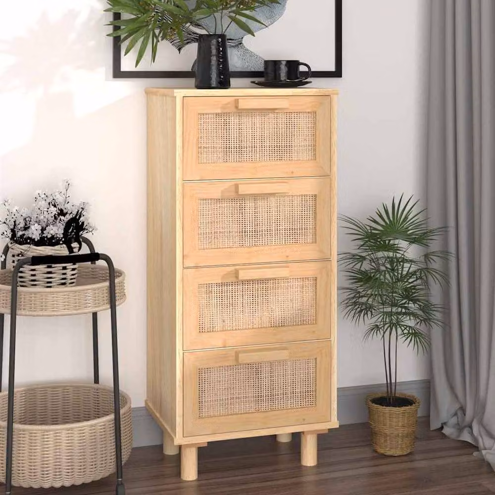 Berkfield Home Sideboard in Brown and Light Tan, Solid Pine Wood and Natural Rattan, W/D/H: 40 x 30 x 90 cm – 2