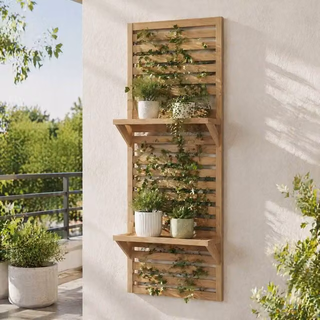 STILVORA Set of 2 Wall-Mounted Wooden Plant Stands with Trellis and Adjustable Shelves in Brown and Sand