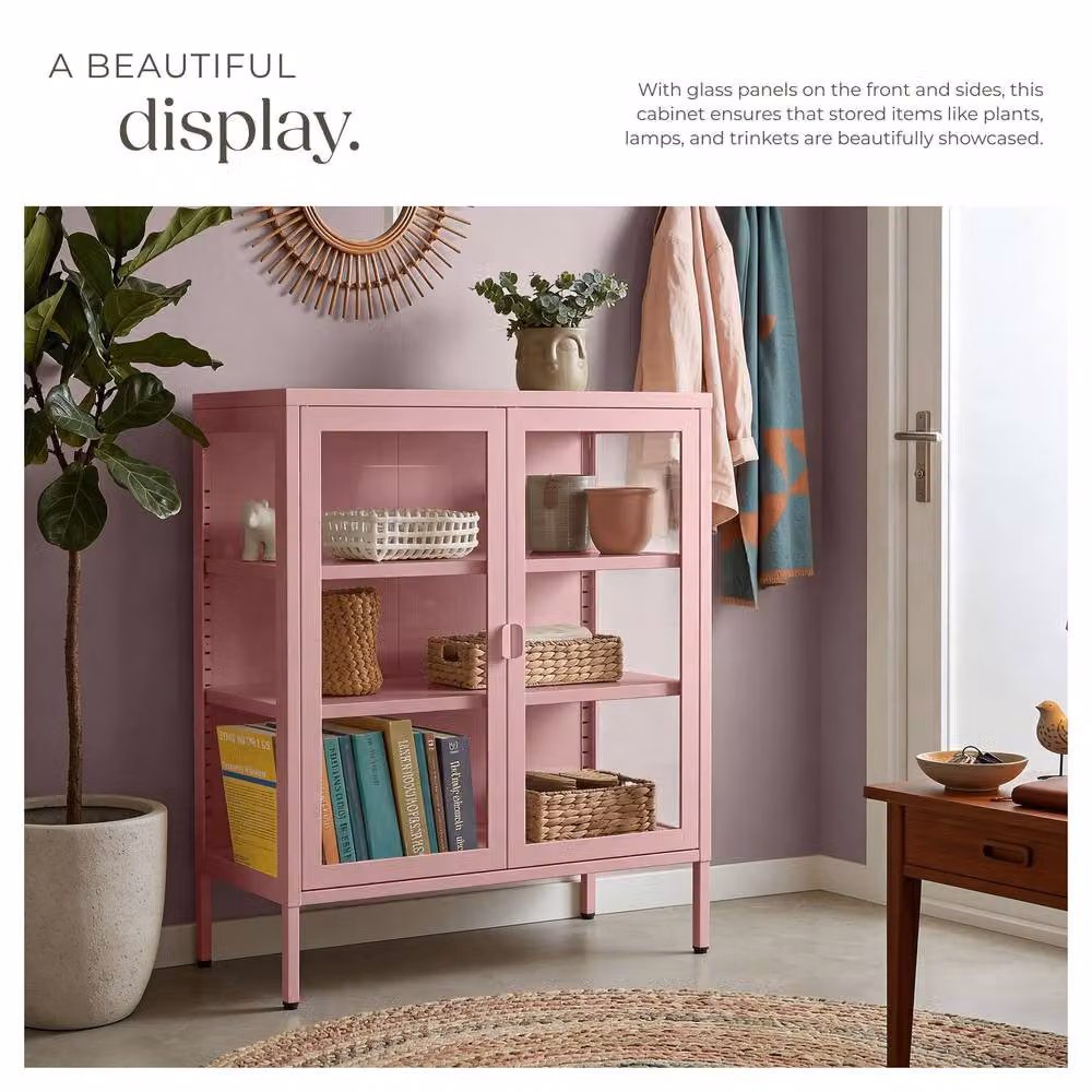tectake Baker Metal Display Case with Glass Doors in Pink – 4
