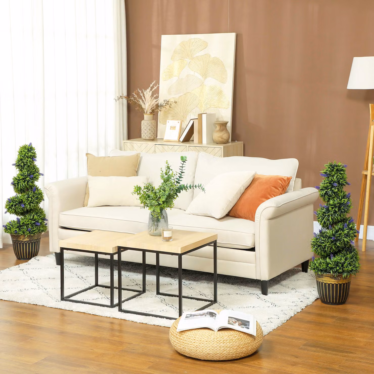 HOMCOM Set of 2 Green Artificial Boxwood Spiral Topiary Trees with Lavender and Pots, Height: 90 cm – 7