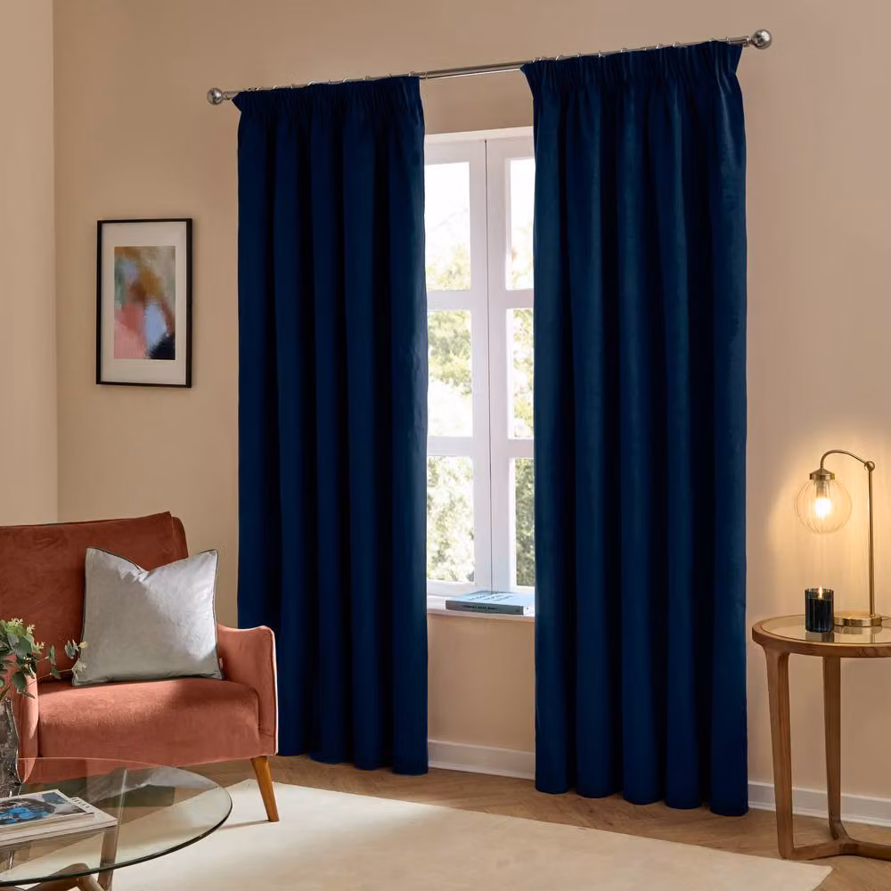 Furn Blue Velvet Room Darkening Pencil Pleat Curtain Pair, Width: 168 cm, Drop: 229 cm – 2