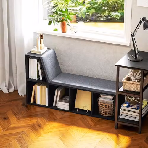 HOMCOM Modern Geometric Black Bookcase Storage Shelf with Cushioned Reading Seat, W/D/H: 108 x 30 x 60 cm – 8