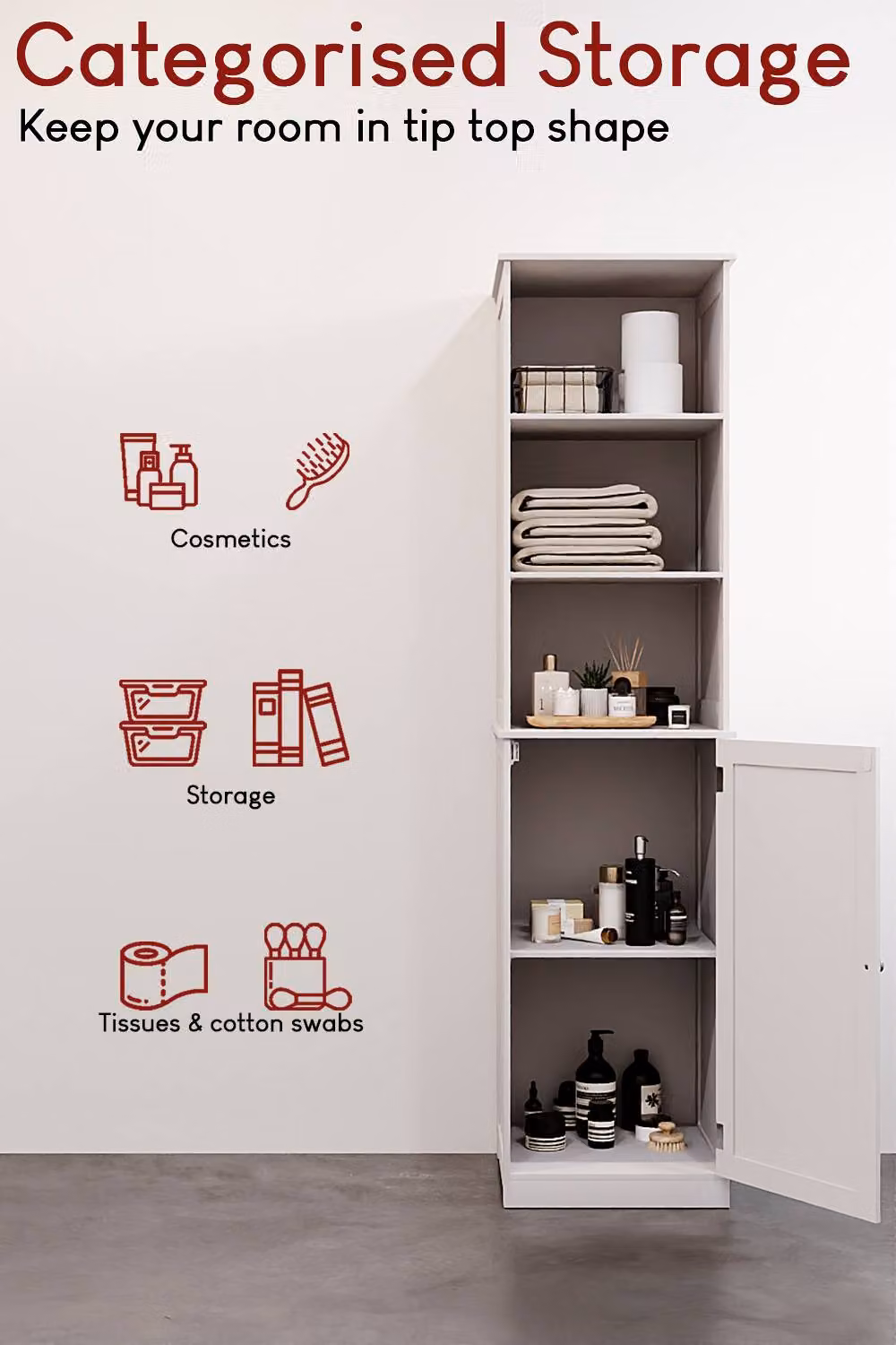 HD Designs Priano Tall Storage Cabinet in White with 3 Open Shelves and 2-Tier Hinged Door Storage – 3