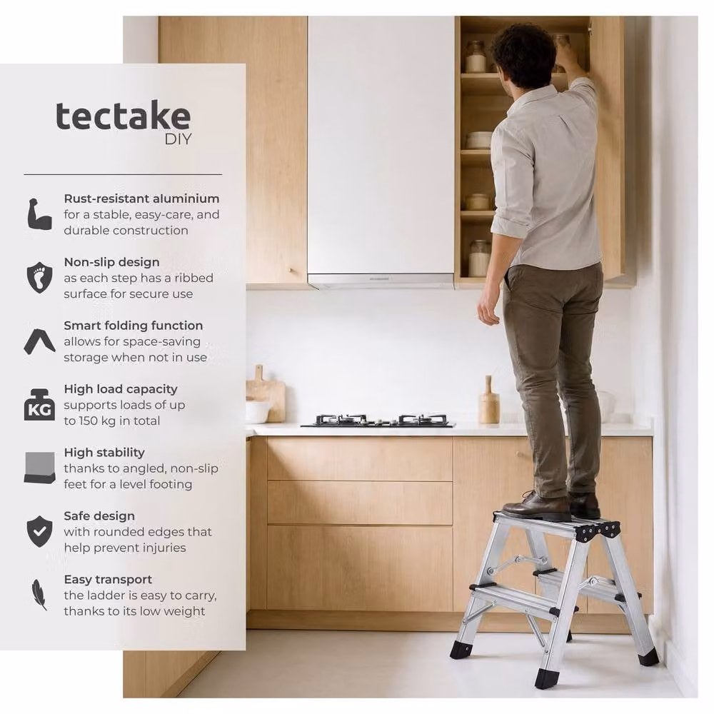 tectake Double-Sided Aluminium Step Ladder with Non-Slip Rubber Feet in Silver