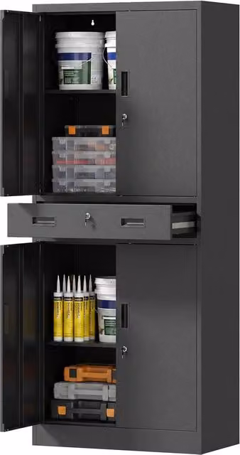 HOMCOM Lockable Metal Tool Storage Cabinet with Drawer, Black, H 180 x W 75 x D 40 cm