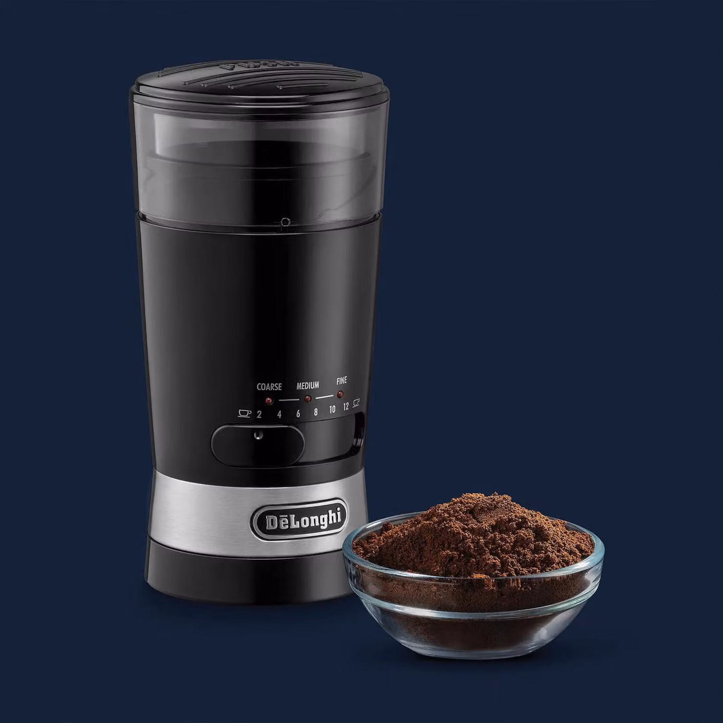De'Longhi Coffee Grinder in Black with Transparent Glass and Plastic Components – 3