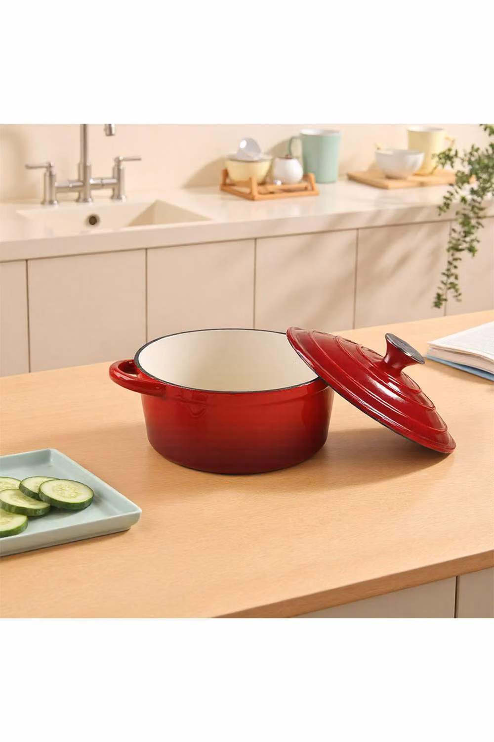 Living and Home 2L Enameled Cast Iron Dutch Oven Casserole Pot with Glass Lid, Red – 2