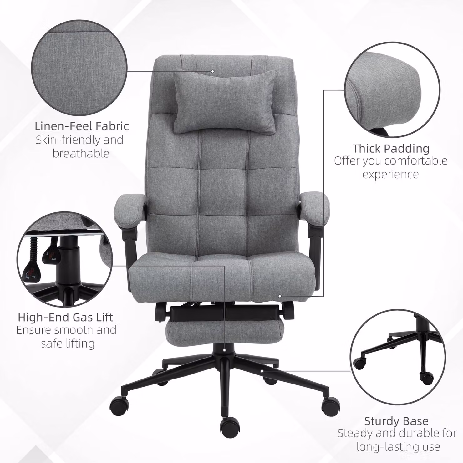 Vinsetto Ergonomic High-Back Office Chair with Adjustable Headrest, Footrest and Movable Wheels, Cat Scratch Resistant, Light Grey – 4