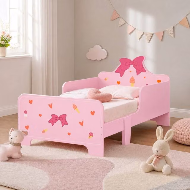 STILVORA Junior Bed Frame with Safety Rails, Pink, W: 140 cm, D: 70 cm