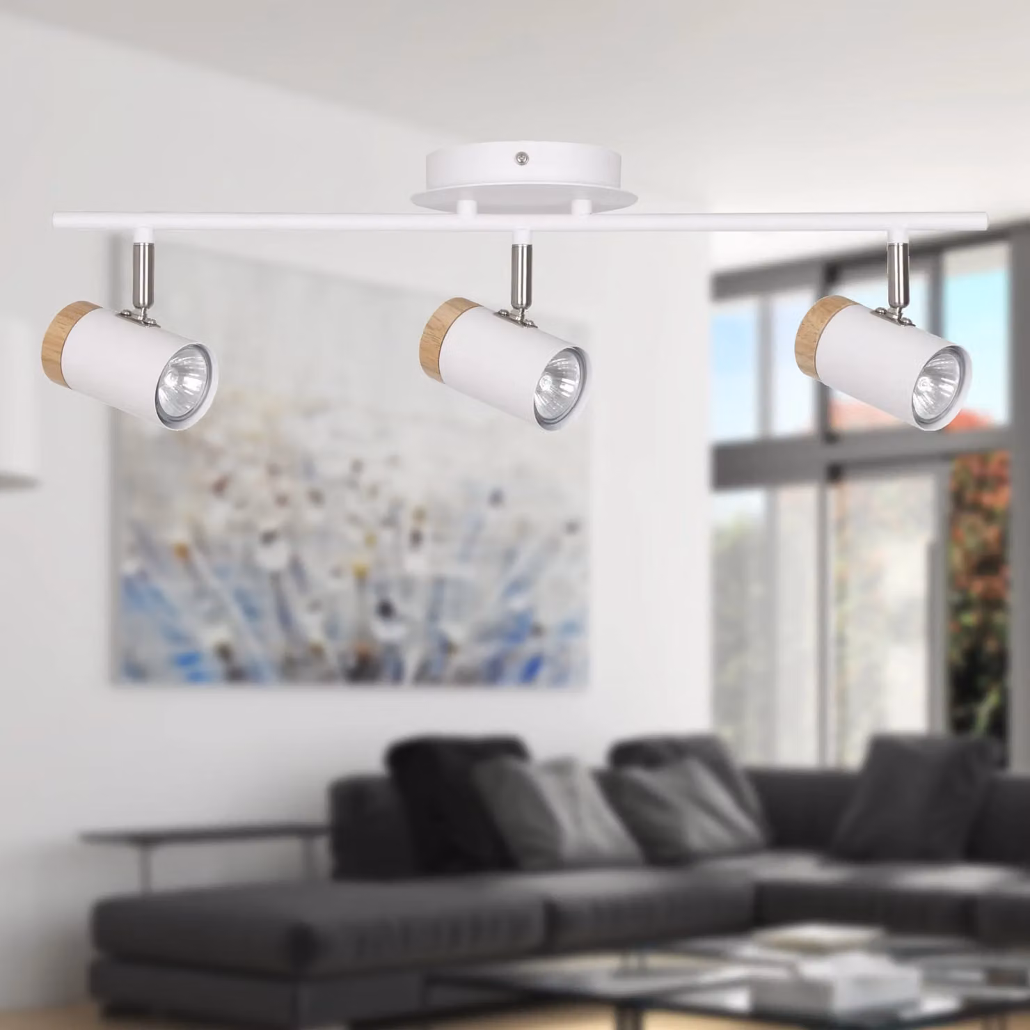 First Choice Lighting Stratton Three Way Adjustable Dimmable Ceiling Spotlight in White with Wood Detail – 2