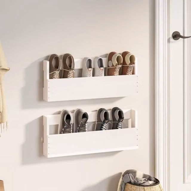 Berkfield Home Wall-mounted Shoe Racks, 2 Piece Set, White Solid Pine Wood, W/D/H: 59 x 23 x 9 cm