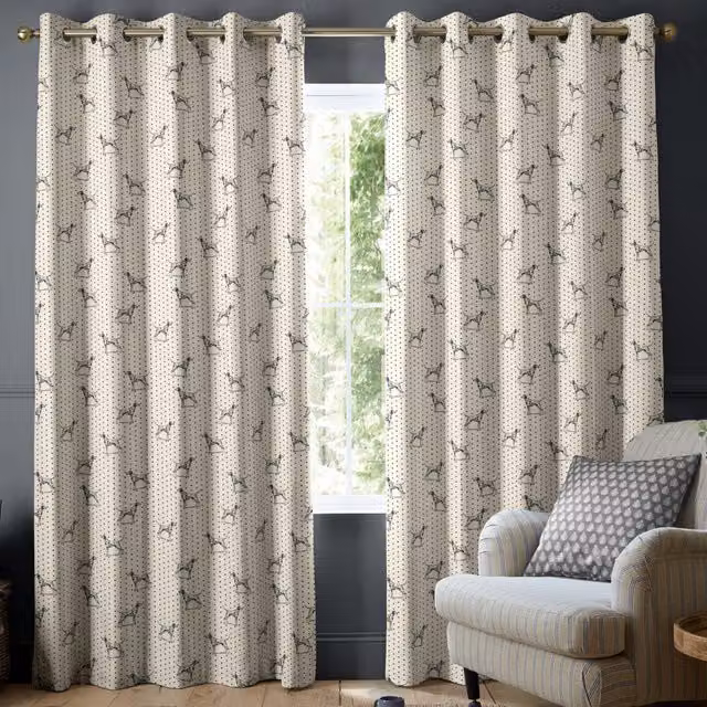 Emily Bond Made to Measure Blackout Linen and Cotton Eyelet Curtain Panel with Graphic Animal Design in Black and Beige
