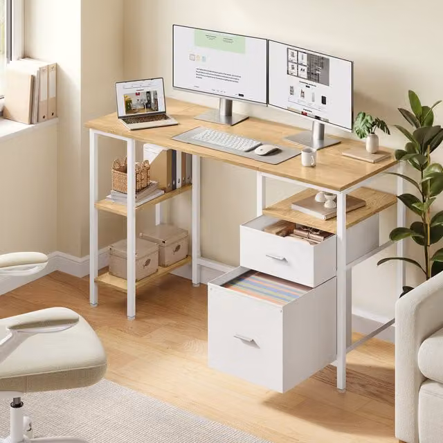 VASAGLE Modern White Computer Desk with Drawer Unit and Open Storage Shelves