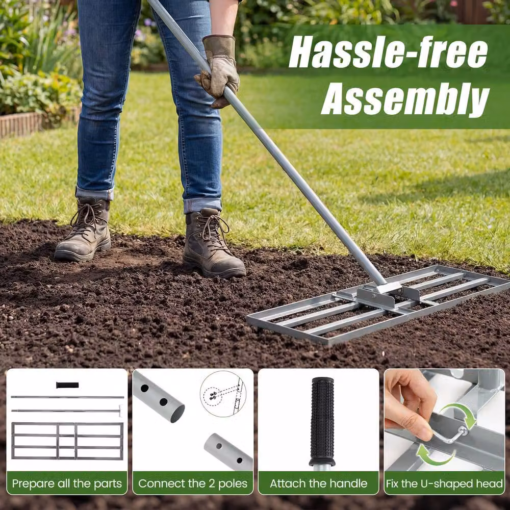 Costway Heavy-Duty Metal Lawn Leveling Rake with Adjustable Handle in Silver – 4