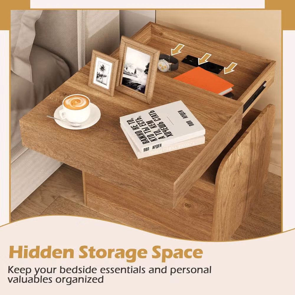 Costway Modern Wooden Nightstand with Drawer and Charging Outlets in Sand Brown – 3