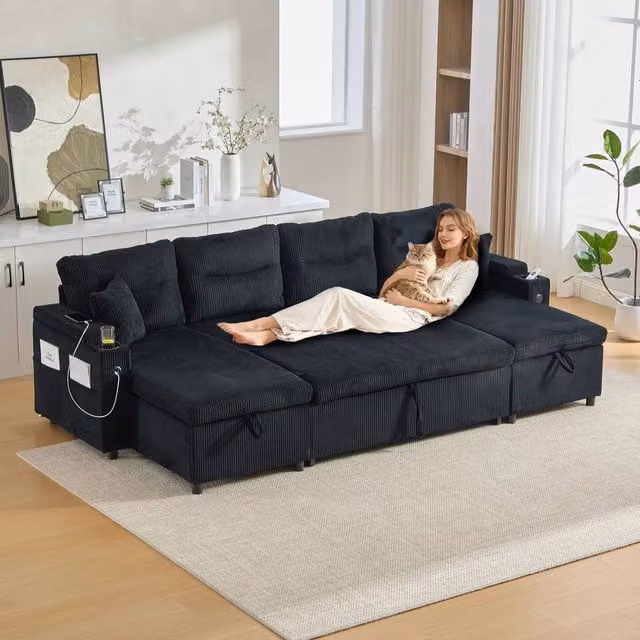 BTM 4 Seater Corduroy Sleeper Sofa with Storage, USB Charging and Cup Holders, Black