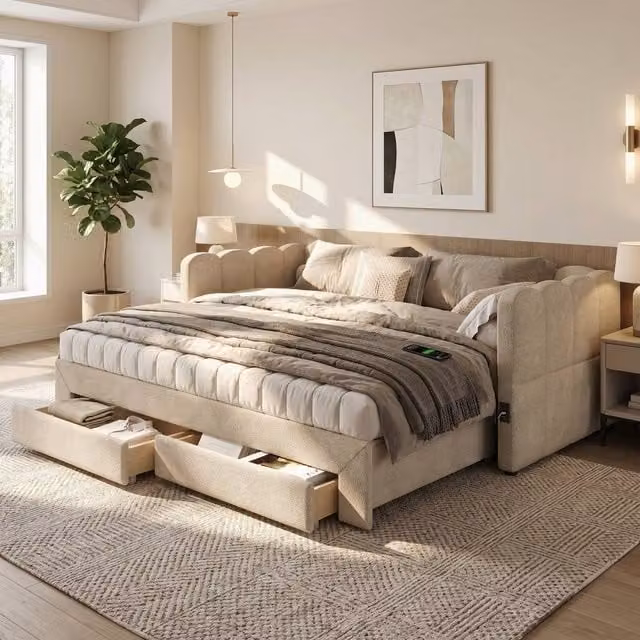 Rolipo Beige Chenille Upholstered Daybed Sofa Bed with Storage Drawers and USB Charging Port, W/D/H: 190 x 90 cm