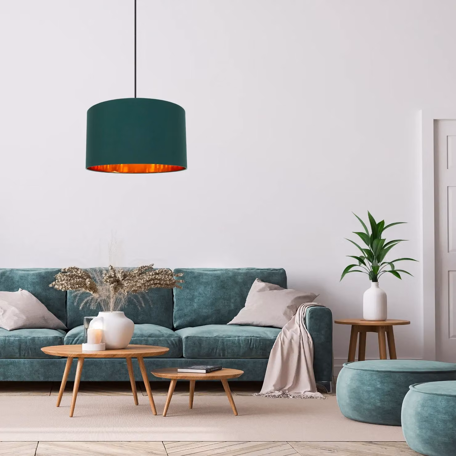 Happy Homewares Modern Green Cotton Cylinder Drum Lamp Shade with Shiny Copper Inner, Diameter: 25.4 cm – 9
