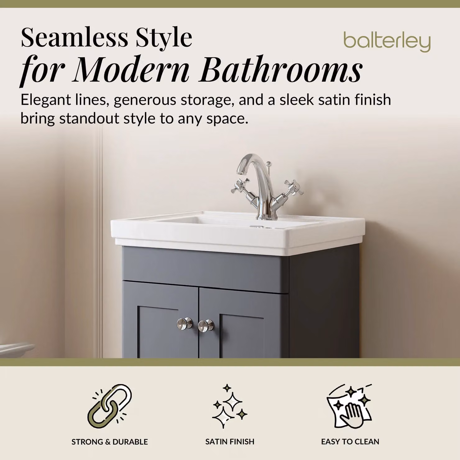 Balterley 2-Door Freestanding Bathroom Floor Vanity Unit with Fireclay Basin in Matt Dark Grey, W: 50 cm, H: 86.5 cm – 2