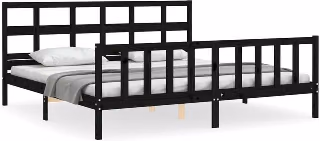 Berkfield Home Black Solid Pine Wood Bed Frame with Headboard W/D/H: 200 x 200 cm