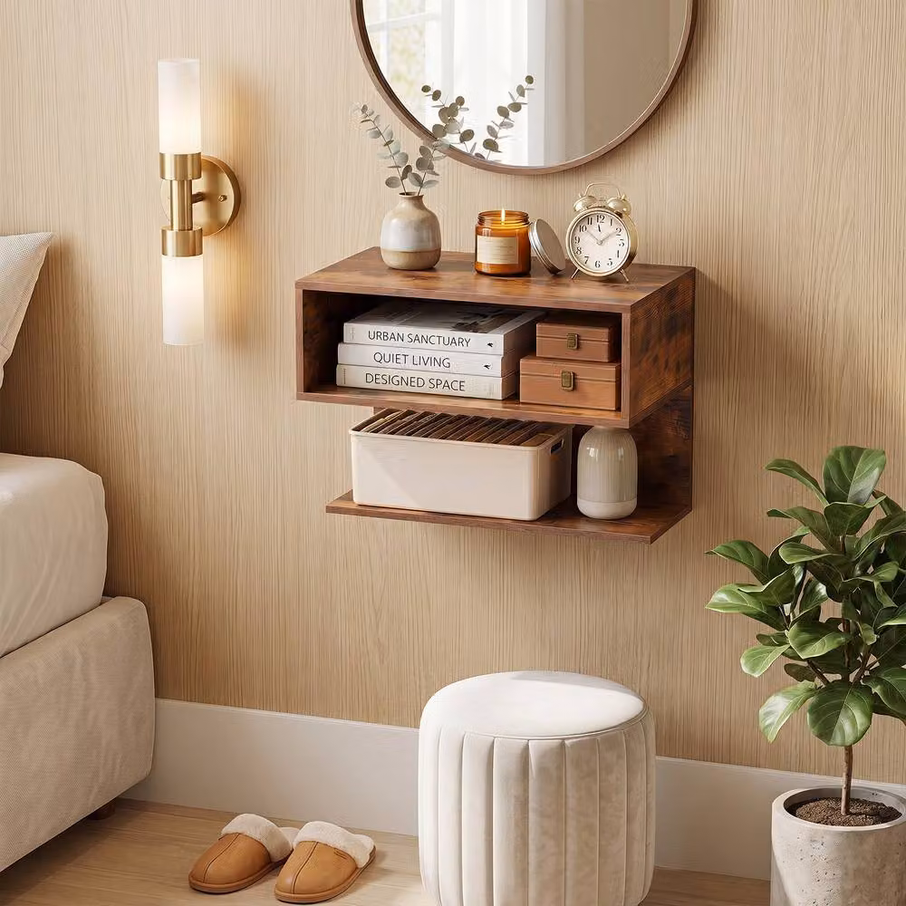 Gymax Modern Wall Mounted Floating Nightstand with Storage Shelves in Brown – 3