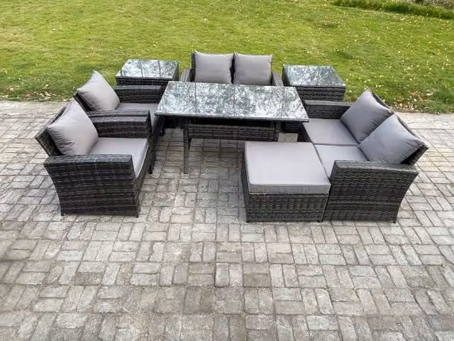Fimous Rattan Garden Furniture Set with Oblong Dining Table, Double Seat Sofa and 2 Side Tables in Dark Grey