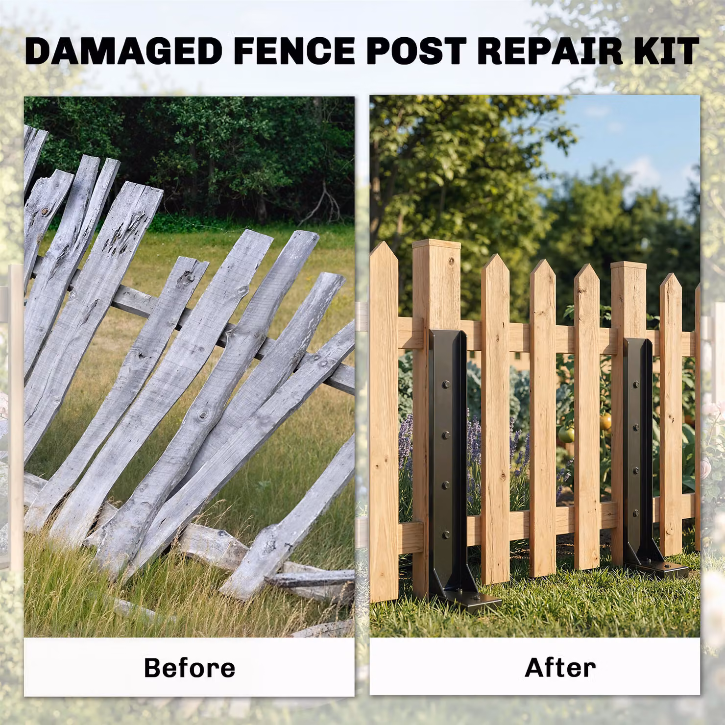 Outsunny 2 Pack Black Metal Fence Post Repair Kit with Ground Spikes, Height: 81 cm – 3