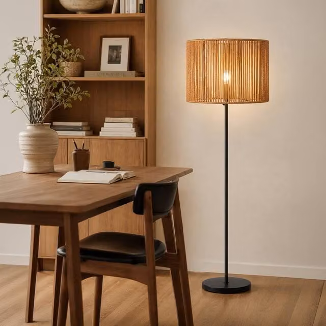 Emitto Boho Woven Paper Rope Cylinder Lampshade with Iron Frame in Natural Yellow and Beige – 1